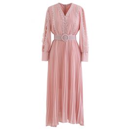 Crochet Trimmed Belted Pleated Chiffon Dress in Pink - Retro, Indie and ...