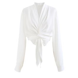 Crisscross Tie-Bow Satin Top in White - Retro, Indie and Unique Fashion