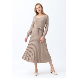 Square Neck Bowknot Pleated Knit Dress in Tan - Retro, Indie and