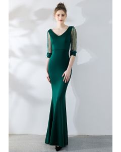Draped Bead Mesh Sleeve Gown in Emerald