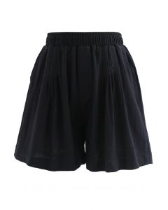 Pintuck Front Pockets Cotton Shorts in Black