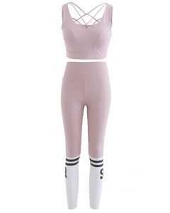 Lace-Up Back Sports Bra and Butt Lift Leggings Set in Pink