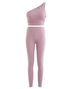 One Shoulder Lace Up Sports Bra and Leggings Set in Lilac