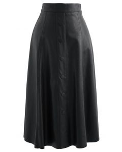 Buttoned Soft Faux Leather A-Line Skirt in Black