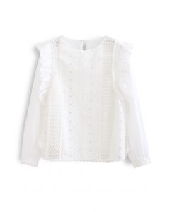 Embroidery Eyelet Ruffle Tassel Top in White