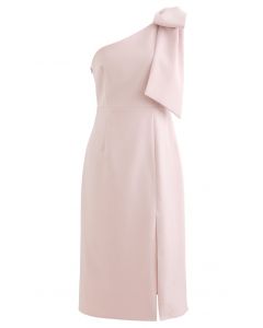 Bow Strap Oblique Slit Shift Dress in Pink