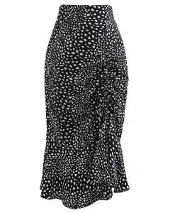 Dotted Drawstring Frilling Skirt in Black
