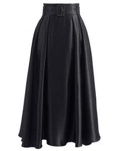 Belted Texture Flare Maxi Skirt in Black