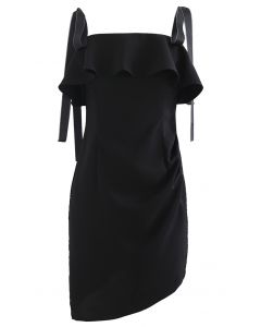 Tie Shoulder Frilling Ruched Mini Dress in Black