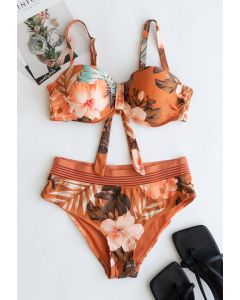 Tropical Leaves Print Bustier Bikini Set in Orange
