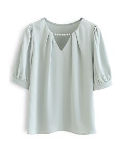 Pearly Neck Satin Shirt in Pistachio