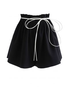 Ruched Waist Self-Tie String Shorts in Black