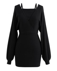Fake Two-Piece Cold-Shoulder Wrap Knit Dress in Black