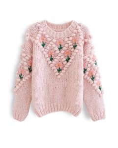 Stitch Floral Diamond Pom-Pom Hand Knit Sweater in Pink
