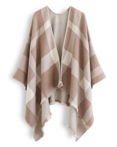 Single-Sided Check Print Reversible Poncho in Taupe