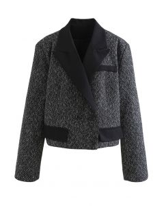 Cropped Pad Shoulder Tweed Blazer in Black