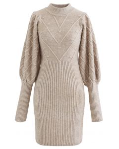 Embossed Mix-Knit Bubble Sleeve Shift Dress in Tan