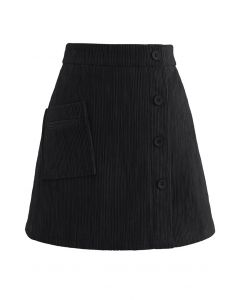 Button Decorated Corduroy Mini Bud Skirt in Black