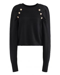 Button Embellished Bubble Sleeve Crop Knit Top in Black
