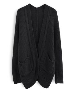 Open Front Pocket Braid Knit Cardigan in Black