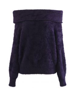 Soft Touch Off-Shoulder Fuzzy Knit Sweater in Navy