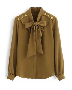 Buttoned Shoulder Ruffle Bowknot Shirt in Ginger