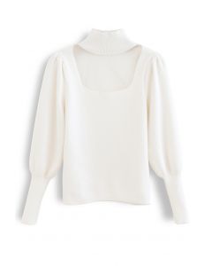 Mesh Spliced Puff Sleeve Knit Top in White