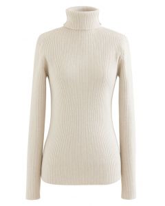 Turtleneck Long Sleeve Ribbed Knit Top in Ivory