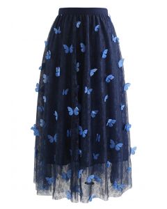 Double-Layered 3D Butterfly Lace Mesh Skirt in Navy
