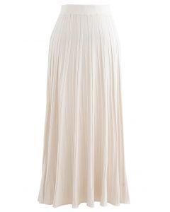 Solid Pleated Knit Skirt in Ivory
