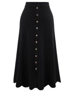 Scrolled Hem Button Knit Midi Skirt in Black