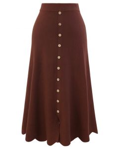 Scrolled Hem Button Knit Midi Skirt in Rust Red