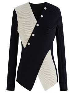 Two-Tone Crisscross Buttoned Ribbed Sweater in Black