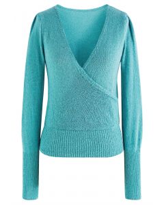 Lightweight Sequins Wrapped Knit Top in Turquoise