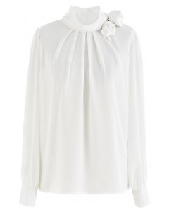 Rose Brooch Mock Neck Satin Shirt in White