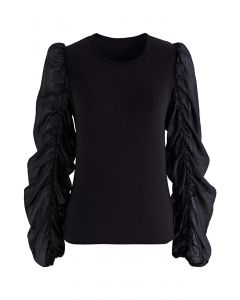 Bubble Sleeves Soft Touch Spliced Top in Black