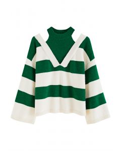 Fake Two-Piece Cold-Shoulder Striped Sweater in Green