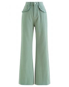 Classic Pocket Frayed Detail Flare Jeans in Sage