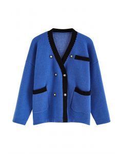 Double-Breasted Contrast Color Cardigan in Blue