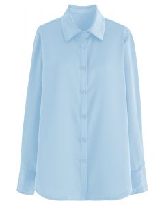 Satin Finish Button Up Shirt in Baby Blue