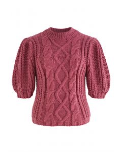 Bubble Sleeve Braided Ribbed Sweater in Magenta
