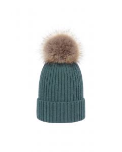 Pom-Pom Ribbed Knit Beanie Hat in Turquoise