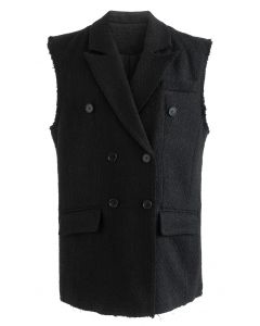 Double-Breasted Flap Pocket Tweed Vest in Black