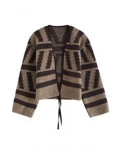 Tie-String Open Front Striped Knit Cardigan in Brown