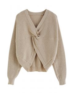 Twist Front Solid Color Sweater in Light Tan
