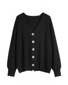 Button Front V-Neck Knit Cardigan in Black