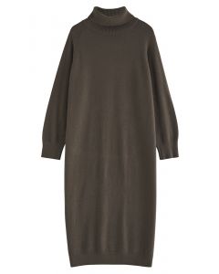 Long Sleeve Turtleneck Cozy Knit Sweater Dress in Brown