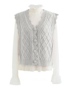 Lacy Dotted Top and Button Down Knit Vest Set in Grey