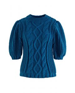 Bubble Sleeve Braided Ribbed Sweater in Indigo