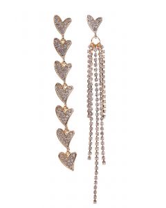 Asymmetric Heart Rhinestone Tassel Dangle Earrings